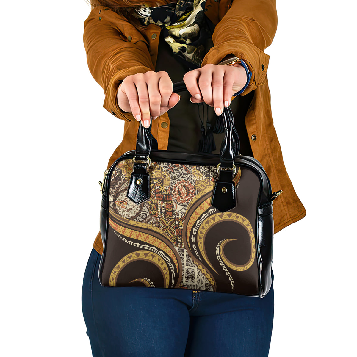 Hawaiian Hibiscus Tribal Vintage Motif Shoulder Handbag Ver 4 LT9 One Size Gold - Polynesian Pride