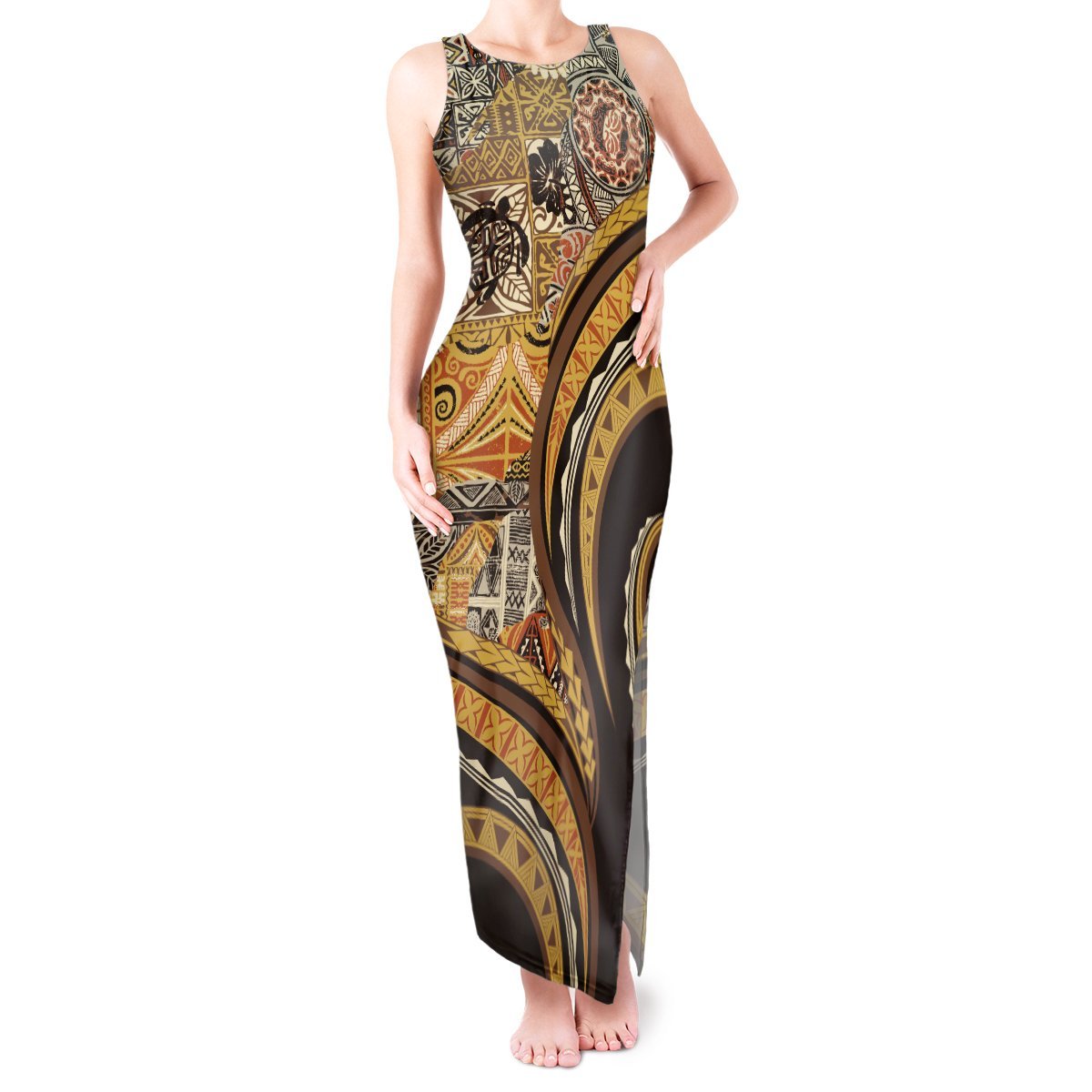 Hawaiian Hibiscus Tribal Vintage Motif Tank Maxi Dress Ver 4 LT9 Women Gold - Polynesian Pride