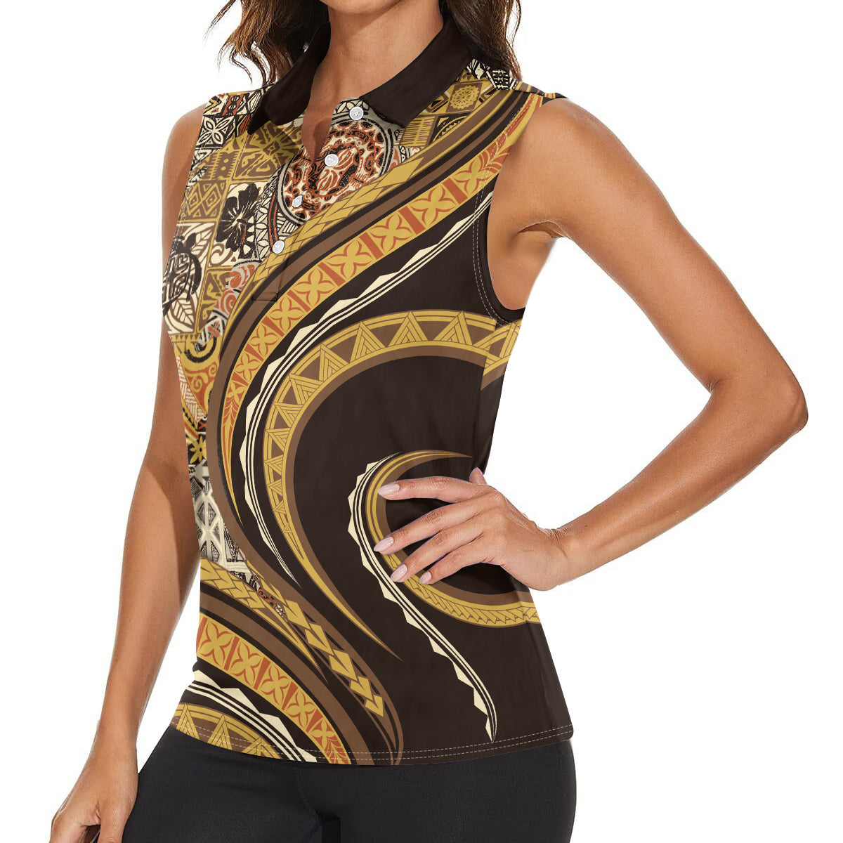 Hawaiian Hibiscus Tribal Vintage Motif Women Sleeveless Polo Shirt Ver 4