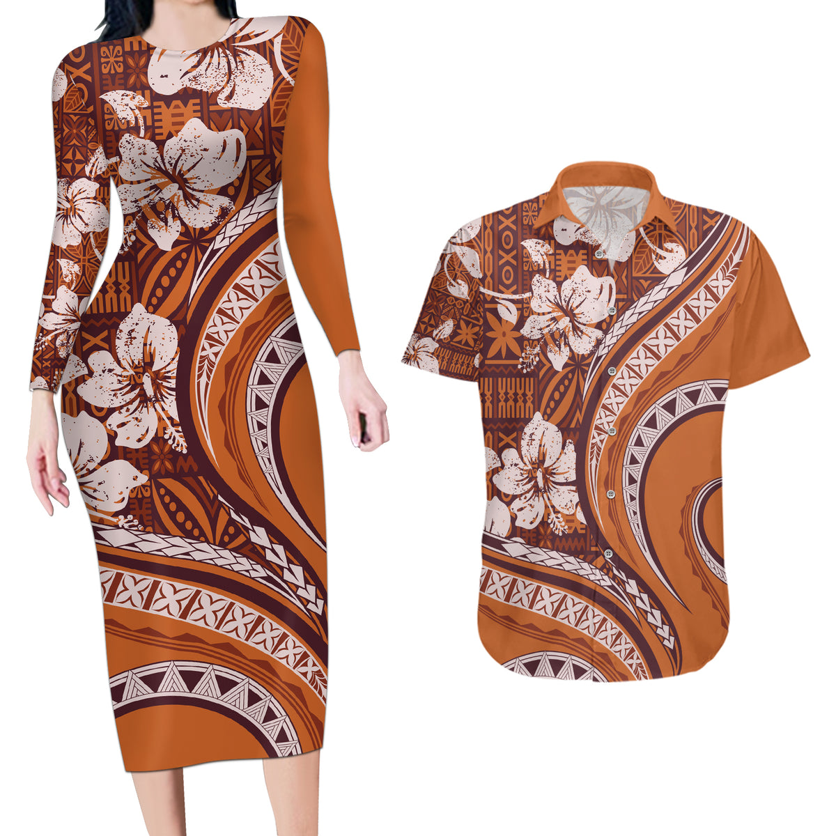 Hawaiian Hibiscus Tribal Vintage Motif Couples Matching Long Sleeve Bodycon Dress and Hawaiian Shirt Ver 5 LT9 Gold - Polynesian Pride