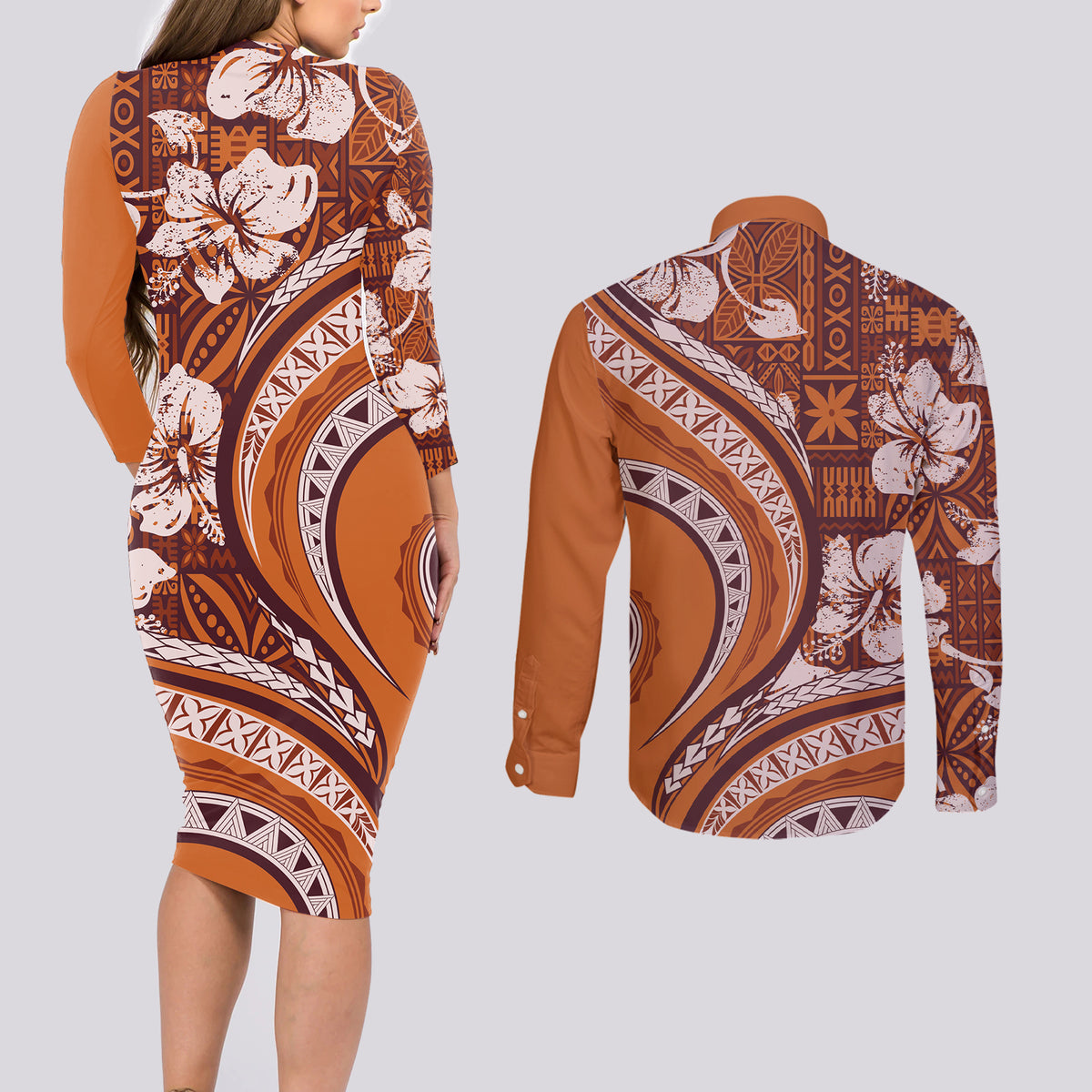 Hawaiian Hibiscus Tribal Vintage Motif Couples Matching Long Sleeve Bodycon Dress and Long Sleeve Button Shirt Ver 5 LT9 - Polynesian Pride