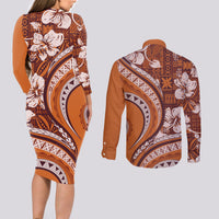 Hawaiian Hibiscus Tribal Vintage Motif Couples Matching Long Sleeve Bodycon Dress and Long Sleeve Button Shirt Ver 5 LT9 - Polynesian Pride