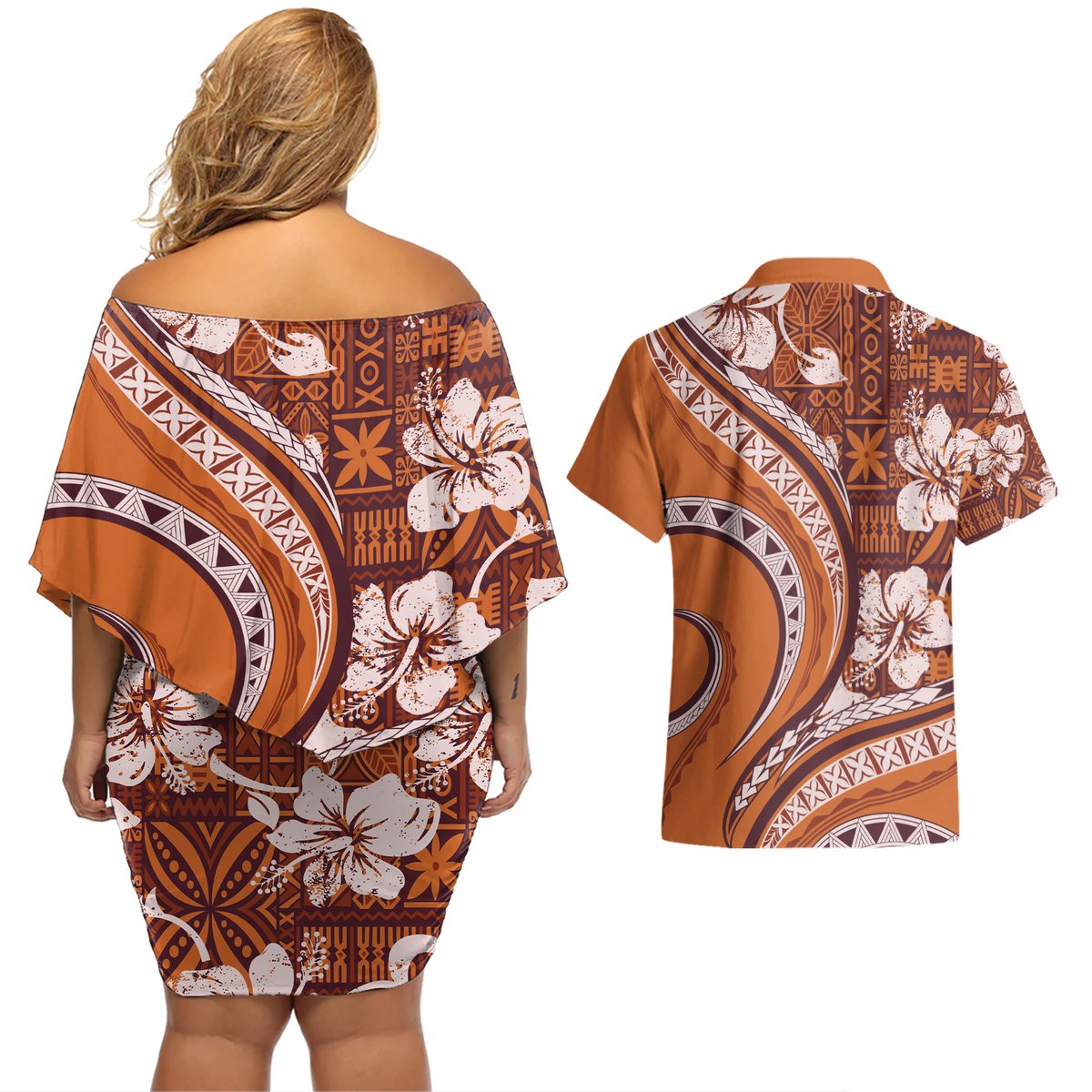 Hawaiian Hibiscus Tribal Vintage Motif Couples Matching Off Shoulder Short Dress and Hawaiian Shirt Ver 5 LT9 - Polynesian Pride