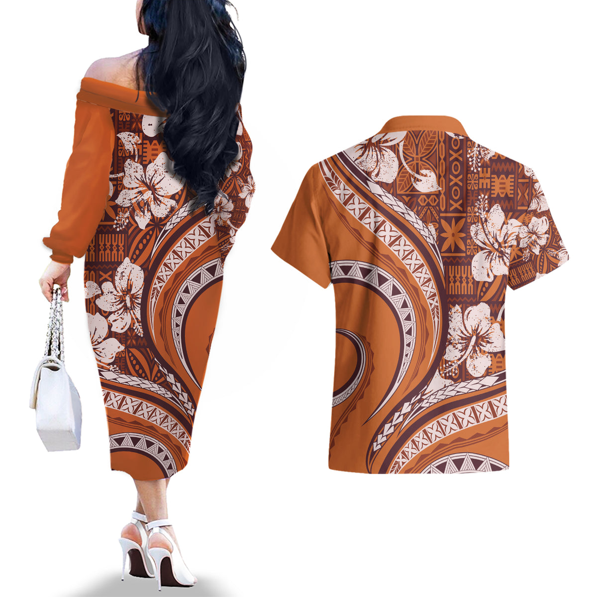 Hawaiian Hibiscus Tribal Vintage Motif Couples Matching Off The Shoulder Long Sleeve Dress and Hawaiian Shirt Ver 5 LT9 - Polynesian Pride