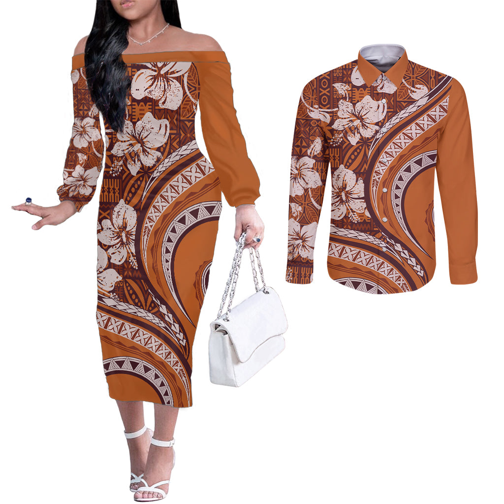 Hawaiian Hibiscus Tribal Vintage Motif Couples Matching Off The Shoulder Long Sleeve Dress and Long Sleeve Button Shirt Ver 5 LT9 Gold - Polynesian Pride