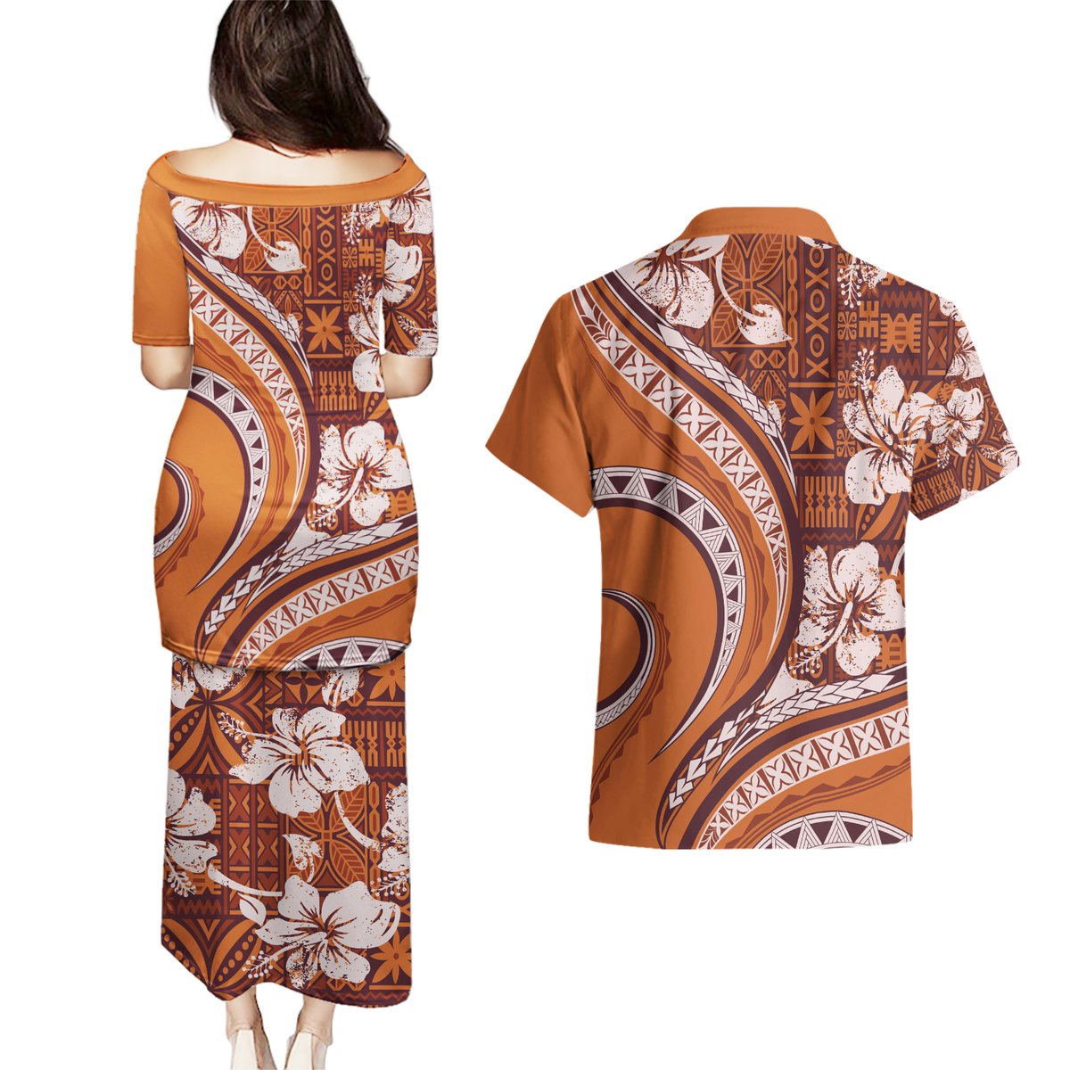 Hawaiian Hibiscus Tribal Vintage Motif Couples Matching Puletasi and Hawaiian Shirt Ver 5