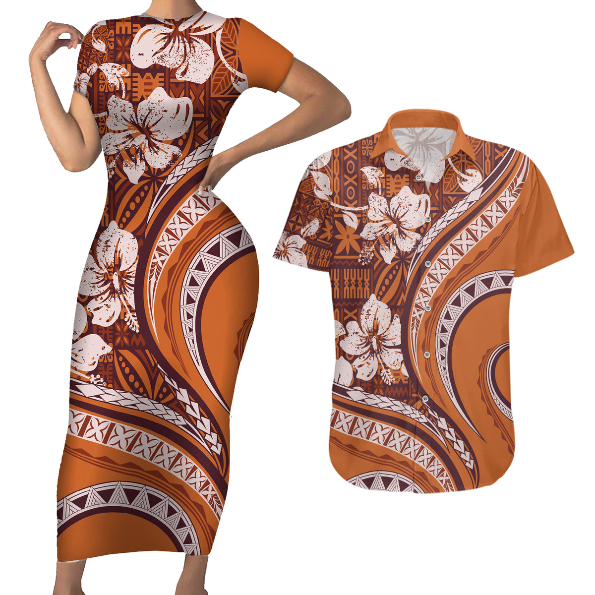 Hawaiian Hibiscus Tribal Vintage Motif Couples Matching Short Sleeve Bodycon Dress and Hawaiian Shirt Ver 5 LT9 Gold - Polynesian Pride