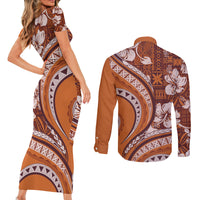 Hawaiian Hibiscus Tribal Vintage Motif Couples Matching Short Sleeve Bodycon Dress and Long Sleeve Button Shirt Ver 5 LT9 - Polynesian Pride