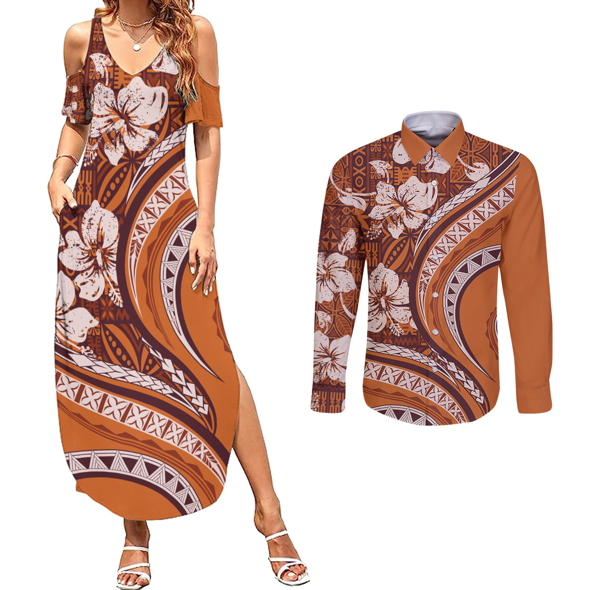 Hawaiian Hibiscus Tribal Vintage Motif Couples Matching Summer Maxi Dress and Long Sleeve Button Shirt Ver 5