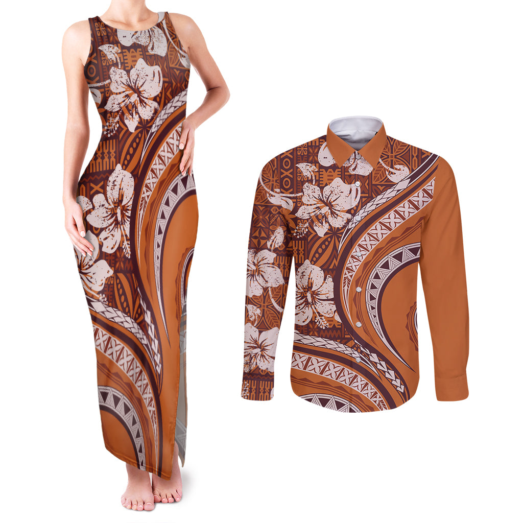 Hawaiian Hibiscus Tribal Vintage Motif Couples Matching Tank Maxi Dress and Long Sleeve Button Shirt Ver 5