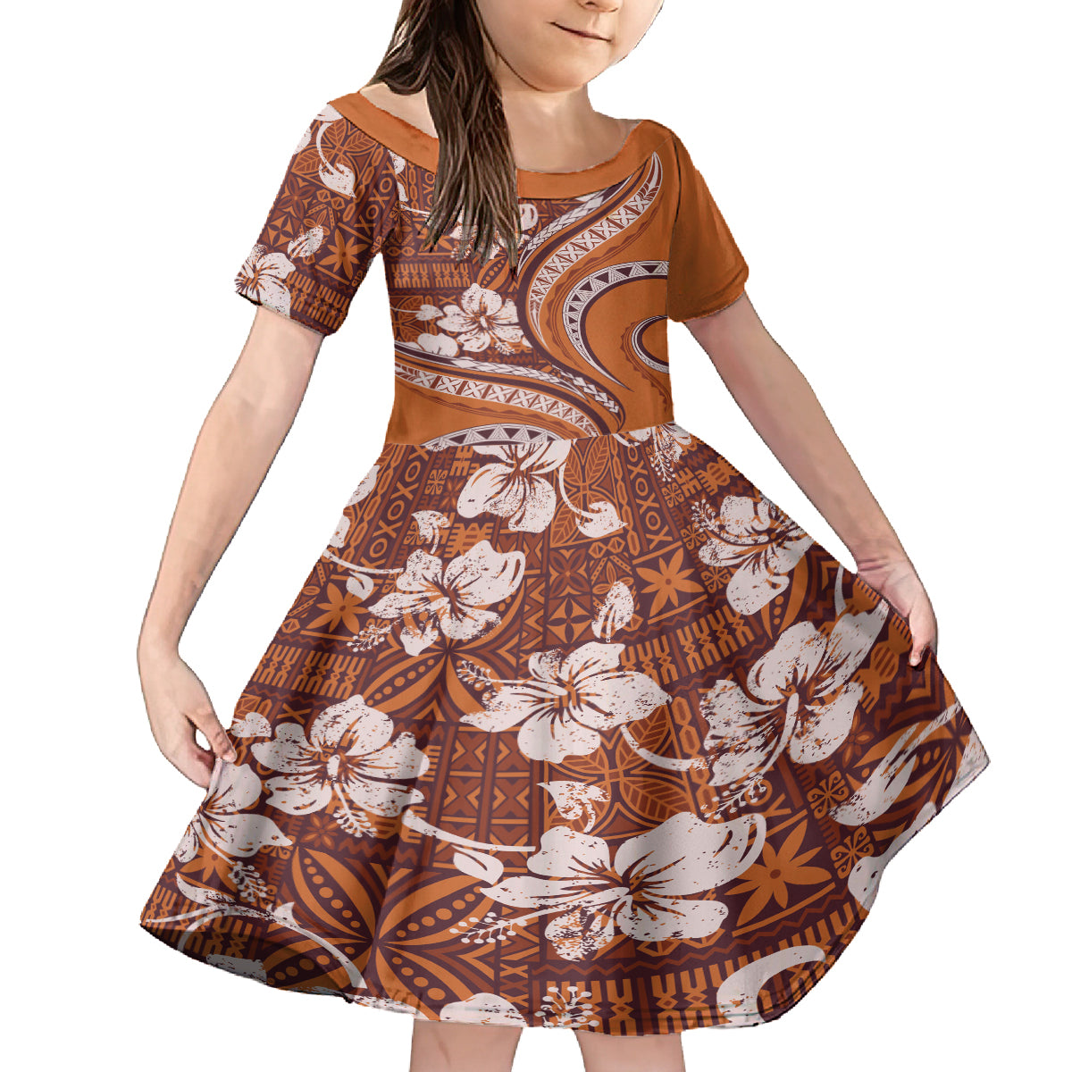 Hawaiian Hibiscus Tribal Vintage Motif Family Matching Long Sleeve Bodycon Dress and Hawaiian Shirt Ver 5 LT9 Daughter's Dress Gold - Polynesian Pride
