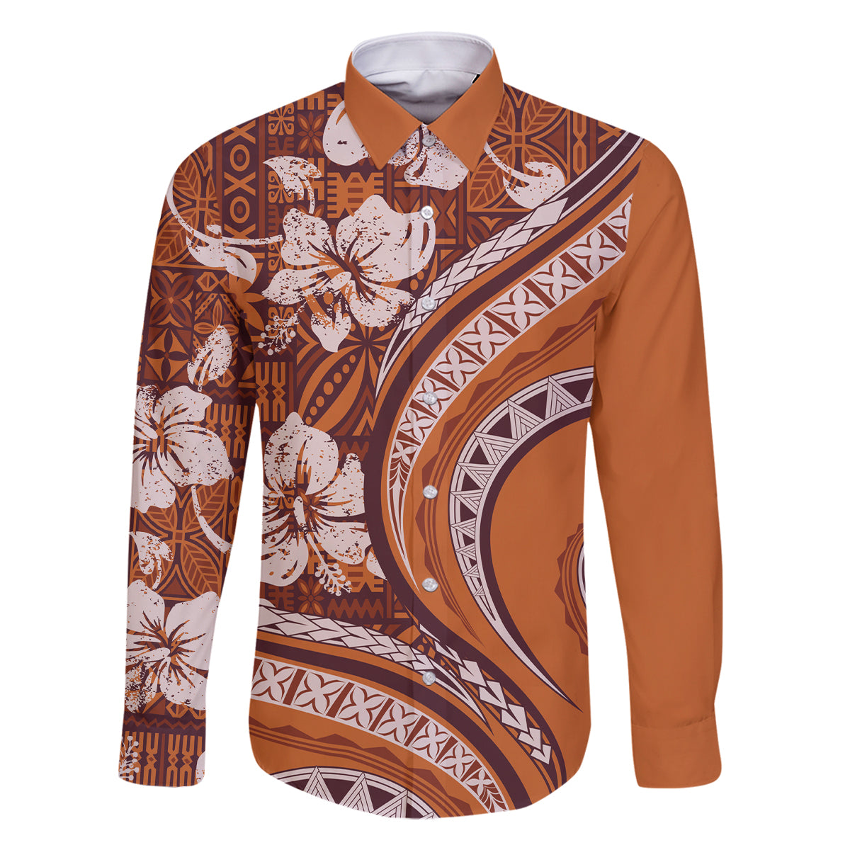 Hawaiian Hibiscus Tribal Vintage Motif Family Matching Long Sleeve Bodycon Dress and Hawaiian Shirt Ver 5 LT9 Dad's Shirt - Long Sleeve Gold - Polynesian Pride