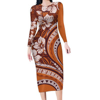 Hawaiian Hibiscus Tribal Vintage Motif Family Matching Long Sleeve Bodycon Dress and Hawaiian Shirt Ver 5 LT9 Mom's Dress Gold - Polynesian Pride