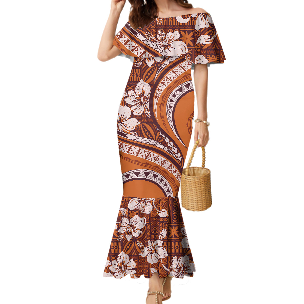 Hawaiian Hibiscus Tribal Vintage Motif Family Matching Mermaid Dress and Hawaiian Shirt Ver 5 LT9 Mom's Dress Gold - Polynesian Pride