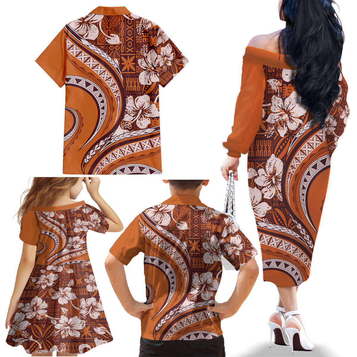 Hawaiian Hibiscus Tribal Vintage Motif Family Matching Off The Shoulder Long Sleeve Dress and Hawaiian Shirt Ver 5 LT9 - Polynesian Pride
