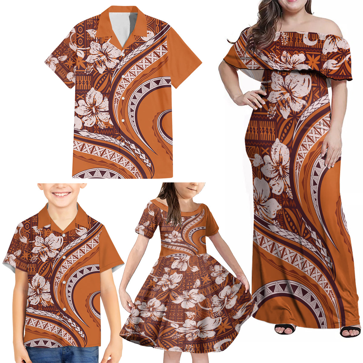 Hawaiian Hibiscus Tribal Vintage Motif Family Matching Off Shoulder Maxi Dress and Hawaiian Shirt Ver 5 LT9 - Polynesian Pride