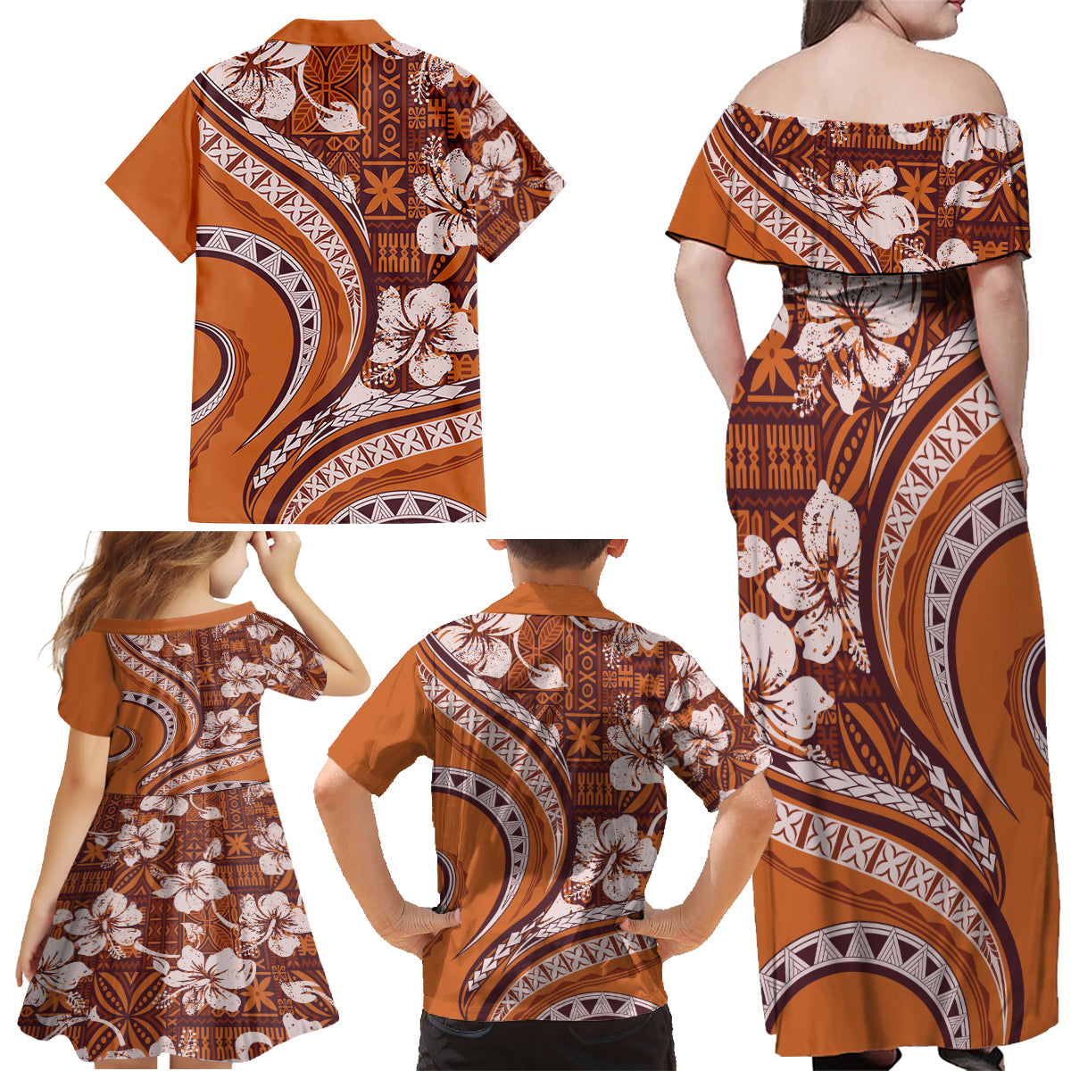 Hawaiian Hibiscus Tribal Vintage Motif Family Matching Off Shoulder Maxi Dress and Hawaiian Shirt Ver 5 LT9 - Polynesian Pride