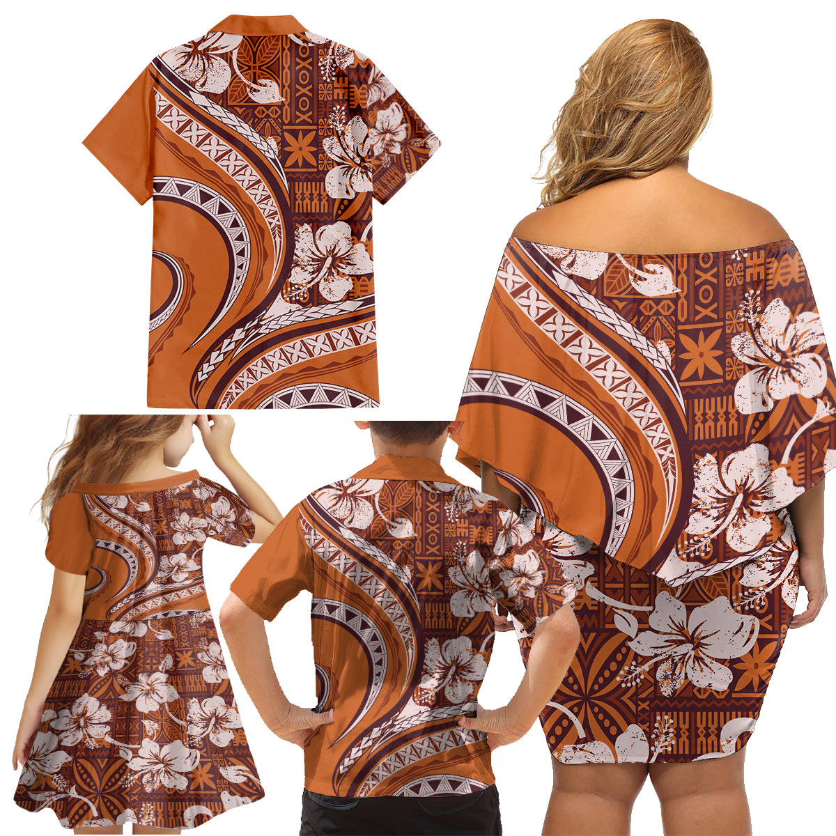 Hawaiian Hibiscus Tribal Vintage Motif Family Matching Off Shoulder Short Dress and Hawaiian Shirt Ver 5 LT9 - Polynesian Pride