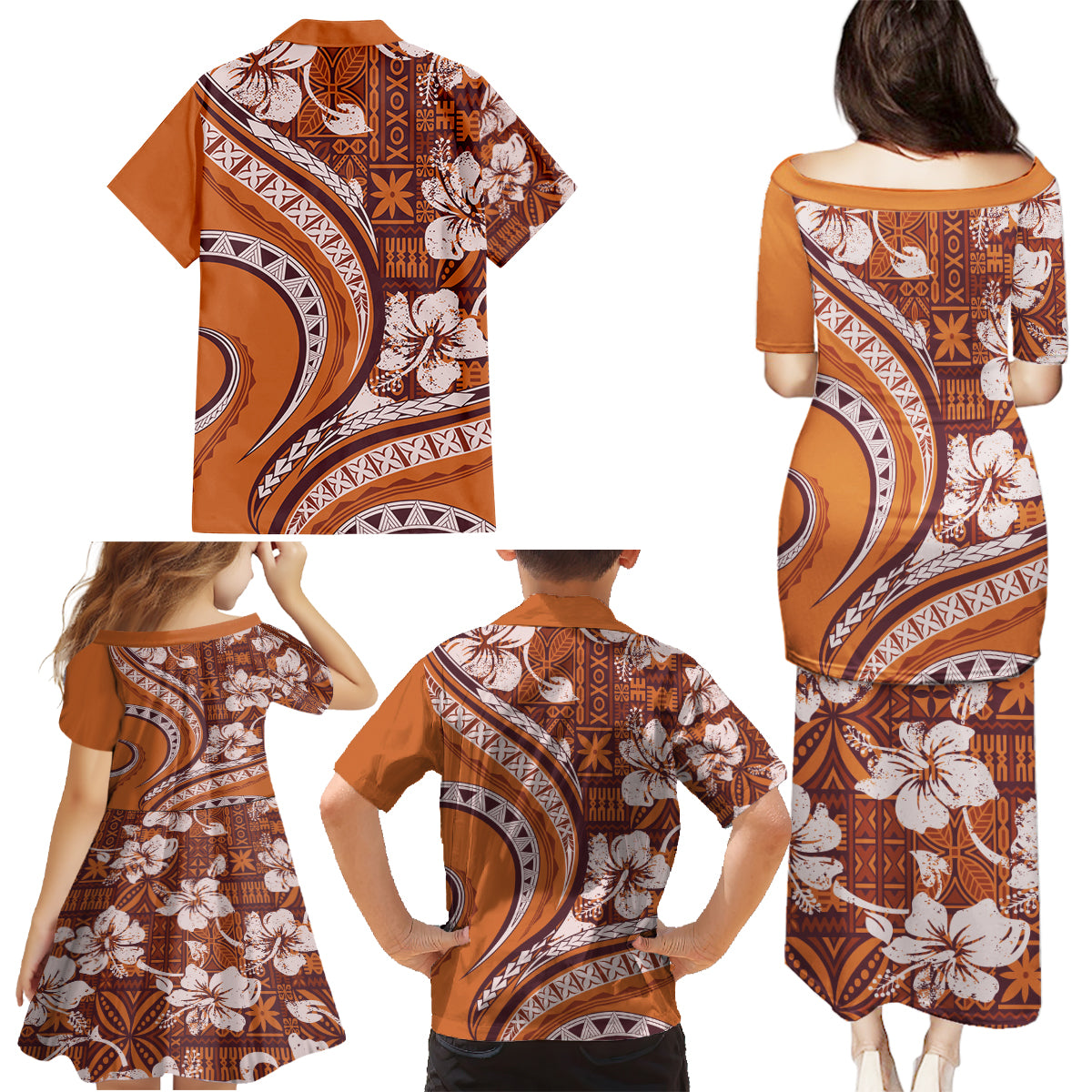 Hawaiian Hibiscus Tribal Vintage Motif Family Matching Puletasi and Hawaiian Shirt Ver 5 LT9 - Polynesian Pride