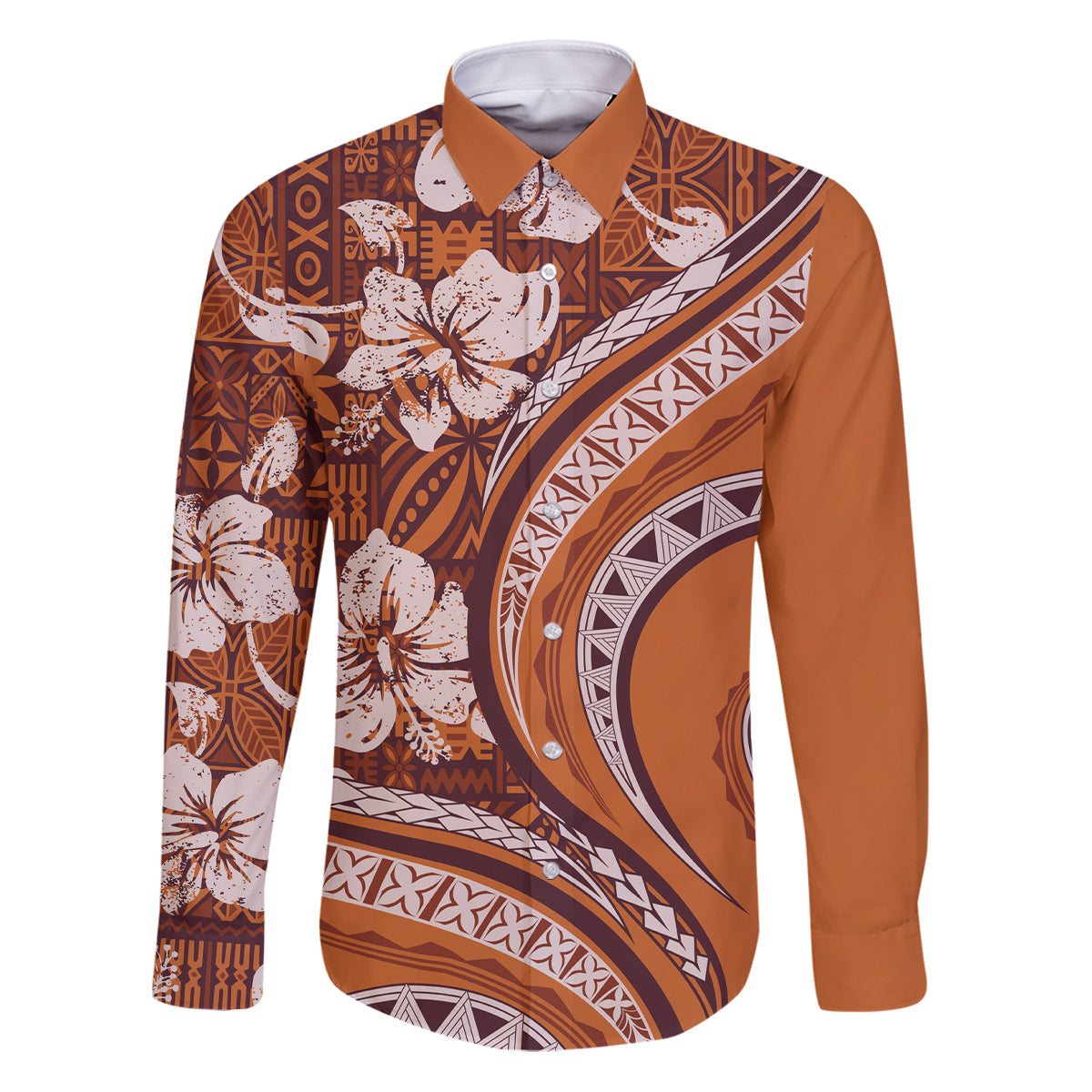 Hawaiian Hibiscus Tribal Vintage Motif Family Matching Puletasi and Hawaiian Shirt Ver 5 LT9 Dad's Shirt - Long Sleeve Gold - Polynesian Pride