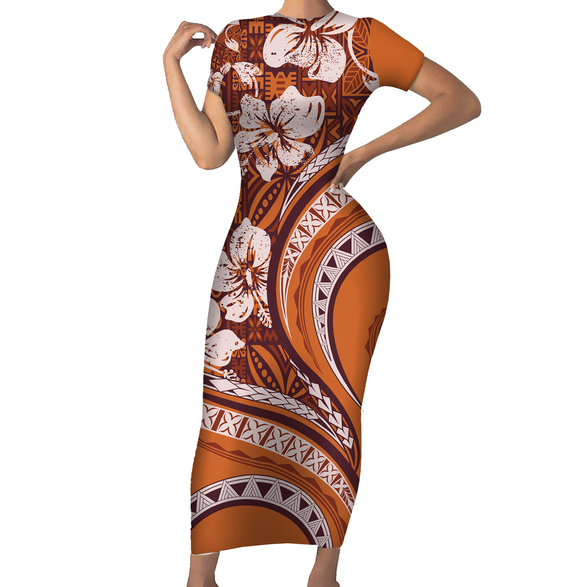 Hawaiian Hibiscus Tribal Vintage Motif Family Matching Short Sleeve Bodycon Dress and Hawaiian Shirt Ver 5 LT9 Mom's Dress Gold - Polynesian Pride