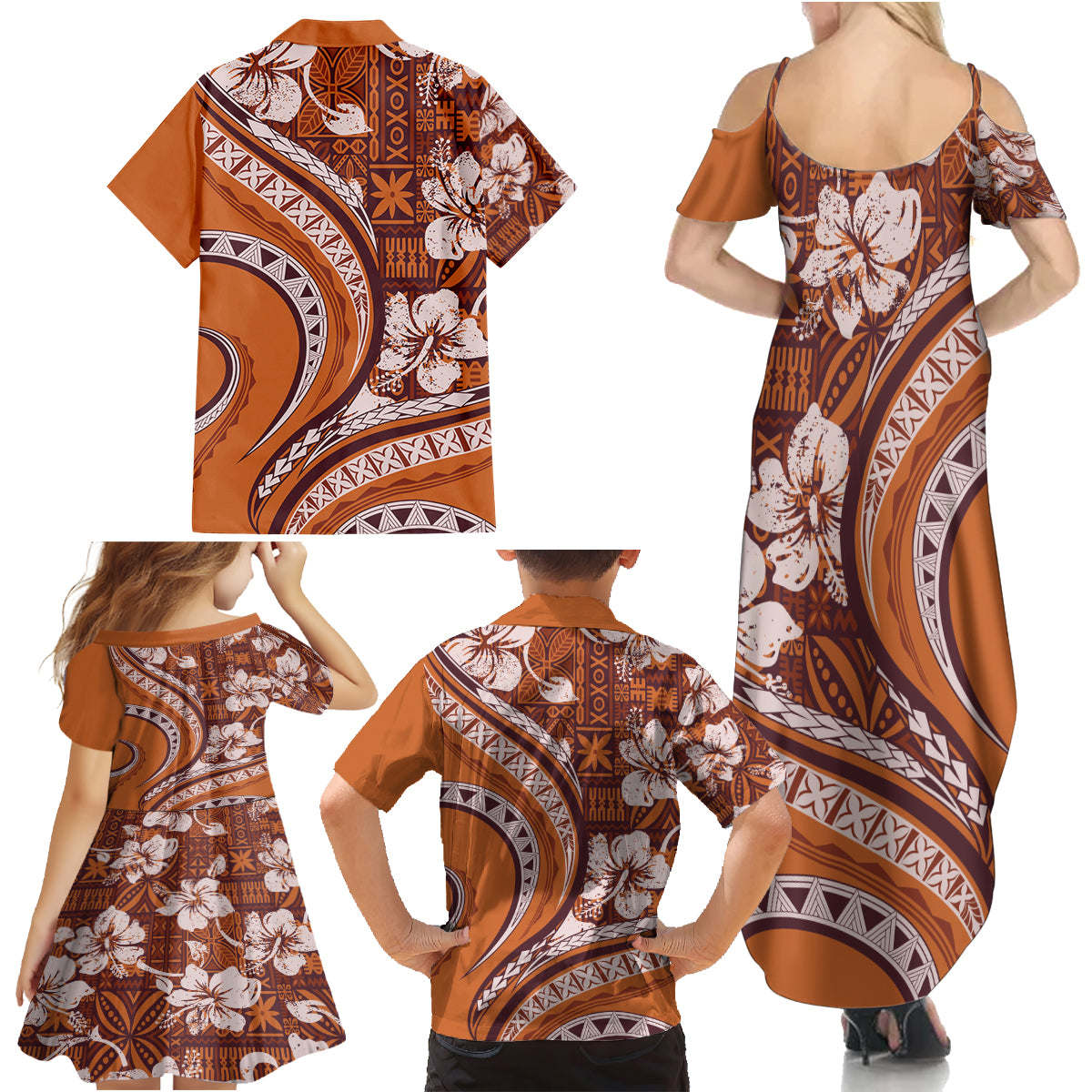 Hawaiian Hibiscus Tribal Vintage Motif Family Matching Summer Maxi Dress and Hawaiian Shirt Ver 5 LT9 - Polynesian Pride