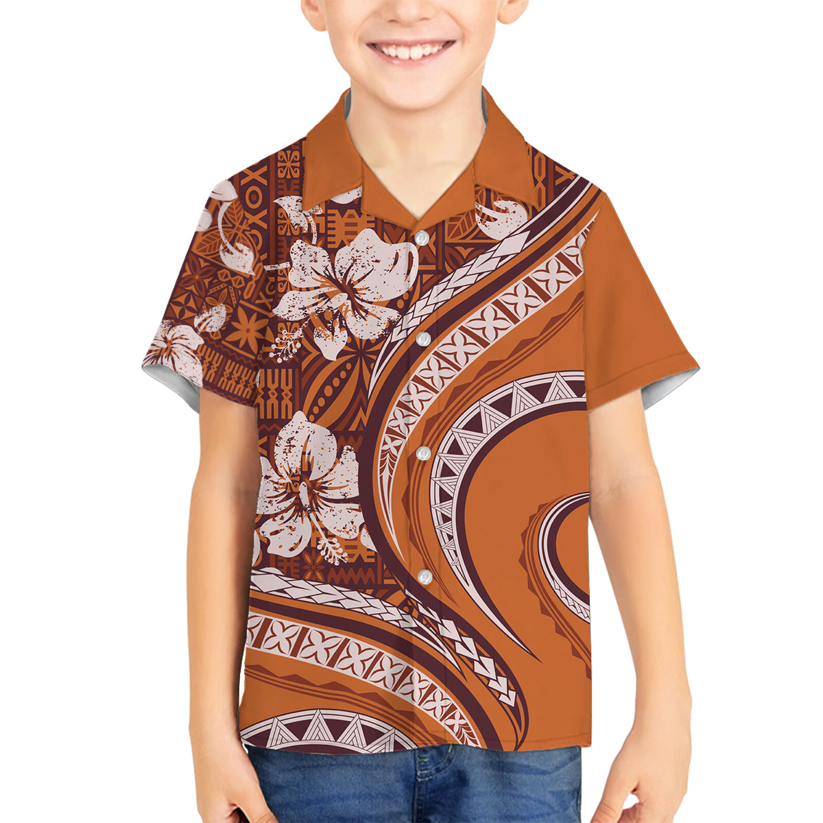 Hawaiian Hibiscus Tribal Vintage Motif Family Matching Tank Maxi Dress and Hawaiian Shirt Ver 5 LT9 Son's Shirt Gold - Polynesian Pride