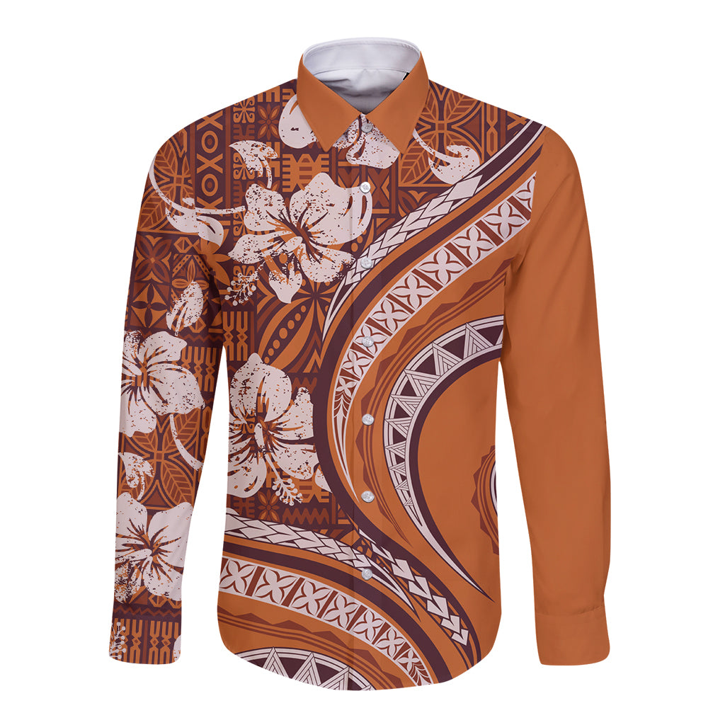 Hawaiian Hibiscus Tribal Vintage Motif Long Sleeve Button Shirt Ver 5 LT9 Unisex Gold - Polynesian Pride