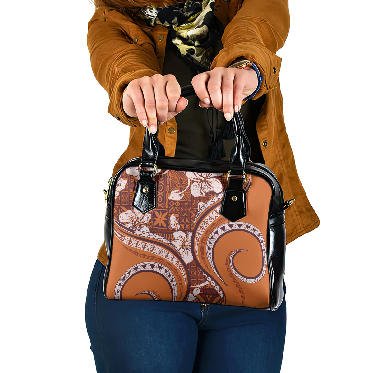 Hawaiian Hibiscus Tribal Vintage Motif Shoulder Handbag Ver 5 LT9 One Size Gold - Polynesian Pride