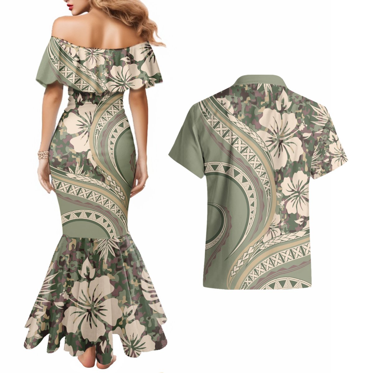 Hawaiian Hibiscus Tribal Vintage Motif Couples Matching Mermaid Dress and Hawaiian Shirt Ver 6 LT9 - Polynesian Pride