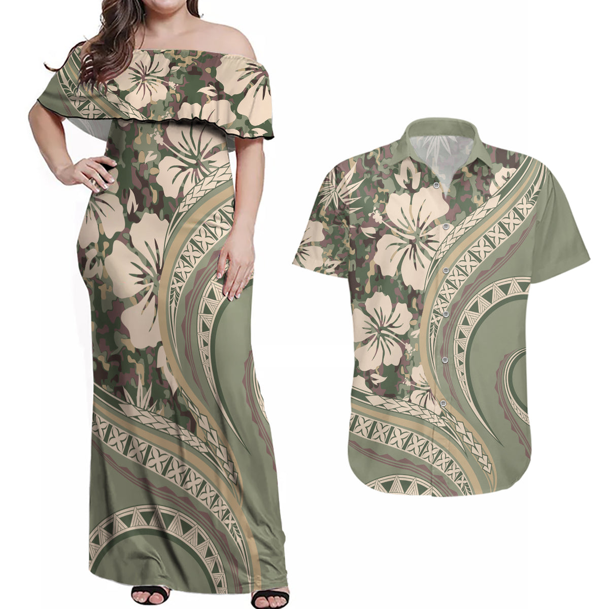 Hawaiian Hibiscus Tribal Vintage Motif Couples Matching Off Shoulder Maxi Dress and Hawaiian Shirt Ver 6 LT9 Green Pastel - Polynesian Pride