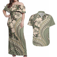 Hawaiian Hibiscus Tribal Vintage Motif Couples Matching Off Shoulder Maxi Dress and Hawaiian Shirt Ver 6 LT9 Green Pastel - Polynesian Pride
