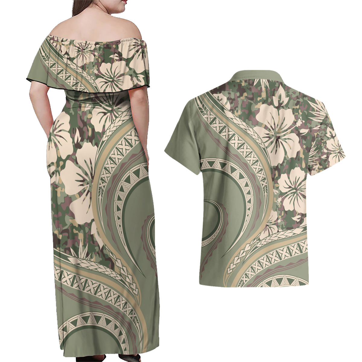 Hawaiian Hibiscus Tribal Vintage Motif Couples Matching Off Shoulder Maxi Dress and Hawaiian Shirt Ver 6 LT9 - Polynesian Pride