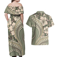 Hawaiian Hibiscus Tribal Vintage Motif Couples Matching Off Shoulder Maxi Dress and Hawaiian Shirt Ver 6 LT9 - Polynesian Pride