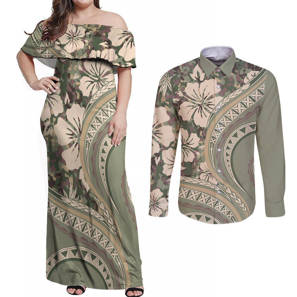 Hawaiian Hibiscus Tribal Vintage Motif Couples Matching Off Shoulder Maxi Dress and Long Sleeve Button Shirt Ver 6
