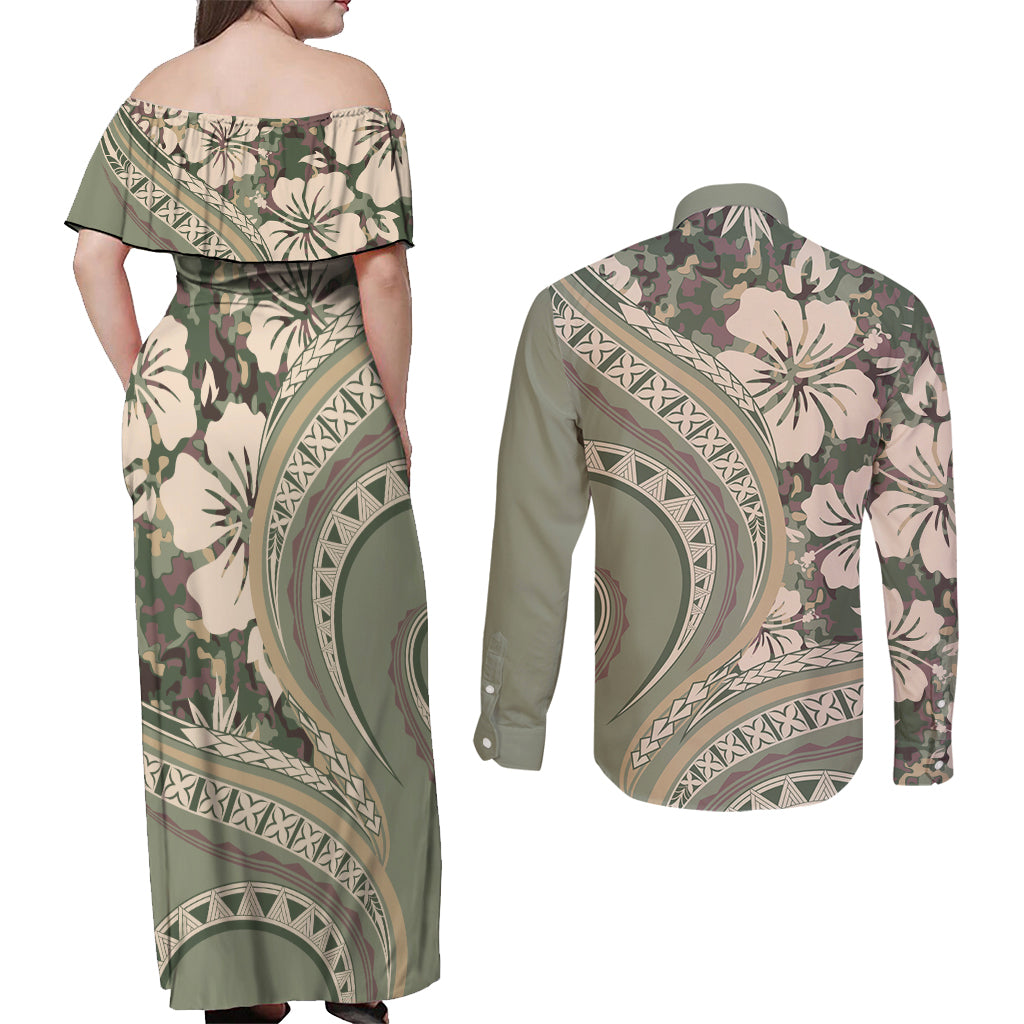 Hawaiian Hibiscus Tribal Vintage Motif Couples Matching Off Shoulder Maxi Dress and Long Sleeve Button Shirt Ver 6