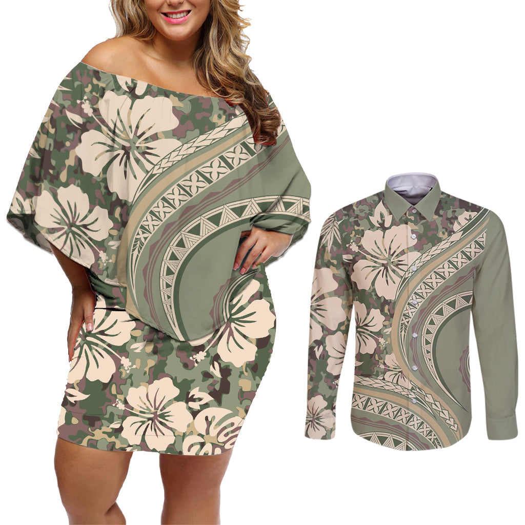 Hawaiian Hibiscus Tribal Vintage Motif Couples Matching Off Shoulder Short Dress and Long Sleeve Button Shirt Ver 6