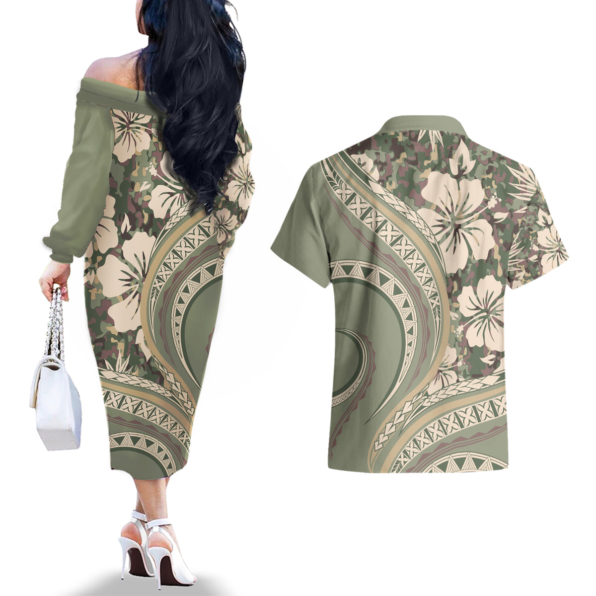 Hawaiian Hibiscus Tribal Vintage Motif Couples Matching Off The Shoulder Long Sleeve Dress and Hawaiian Shirt Ver 6 LT9 - Polynesian Pride