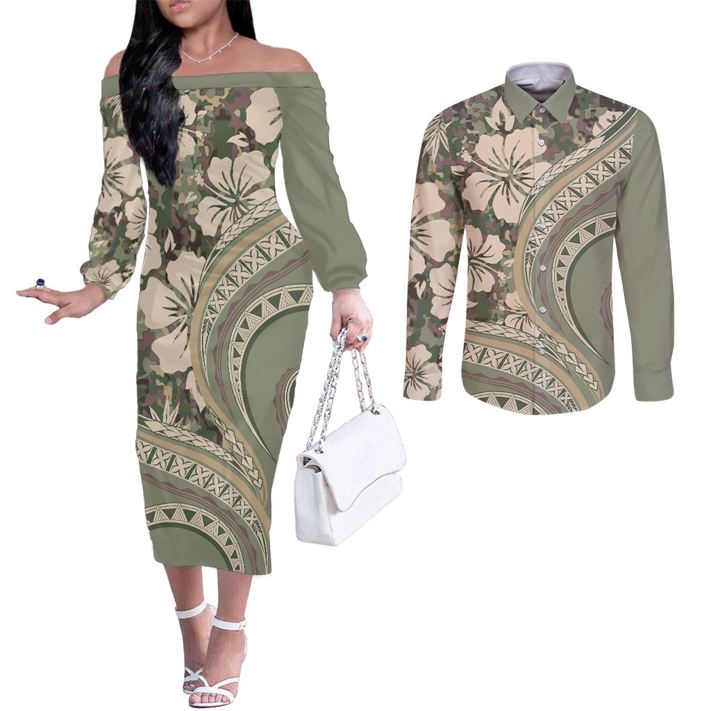 Hawaiian Hibiscus Tribal Vintage Motif Couples Matching Off The Shoulder Long Sleeve Dress and Long Sleeve Button Shirt Ver 6