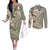Hawaiian Hibiscus Tribal Vintage Motif Couples Matching Off The Shoulder Long Sleeve Dress and Long Sleeve Button Shirt Ver 6