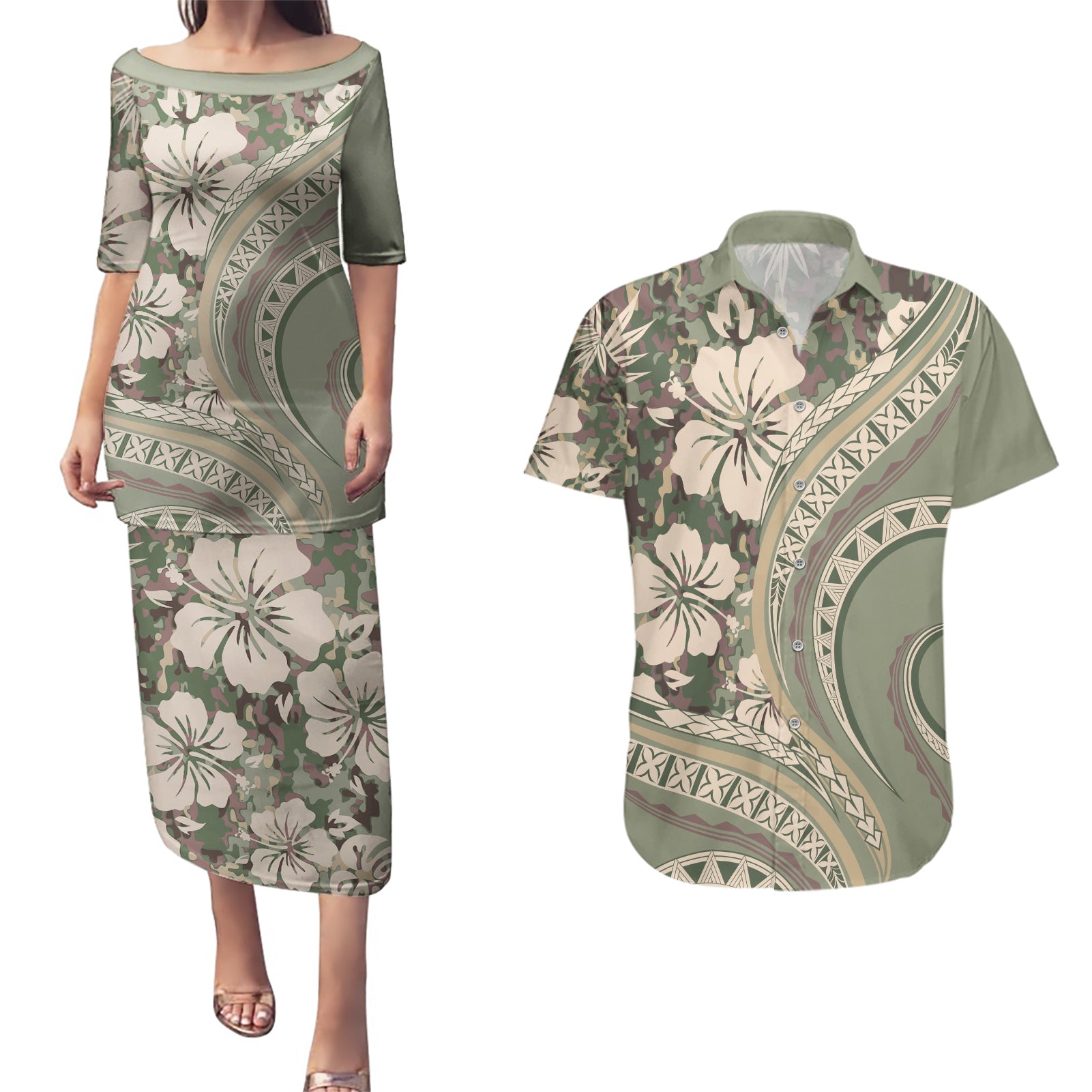 Hawaiian Hibiscus Tribal Vintage Motif Couples Matching Puletasi and Hawaiian Shirt Ver 6