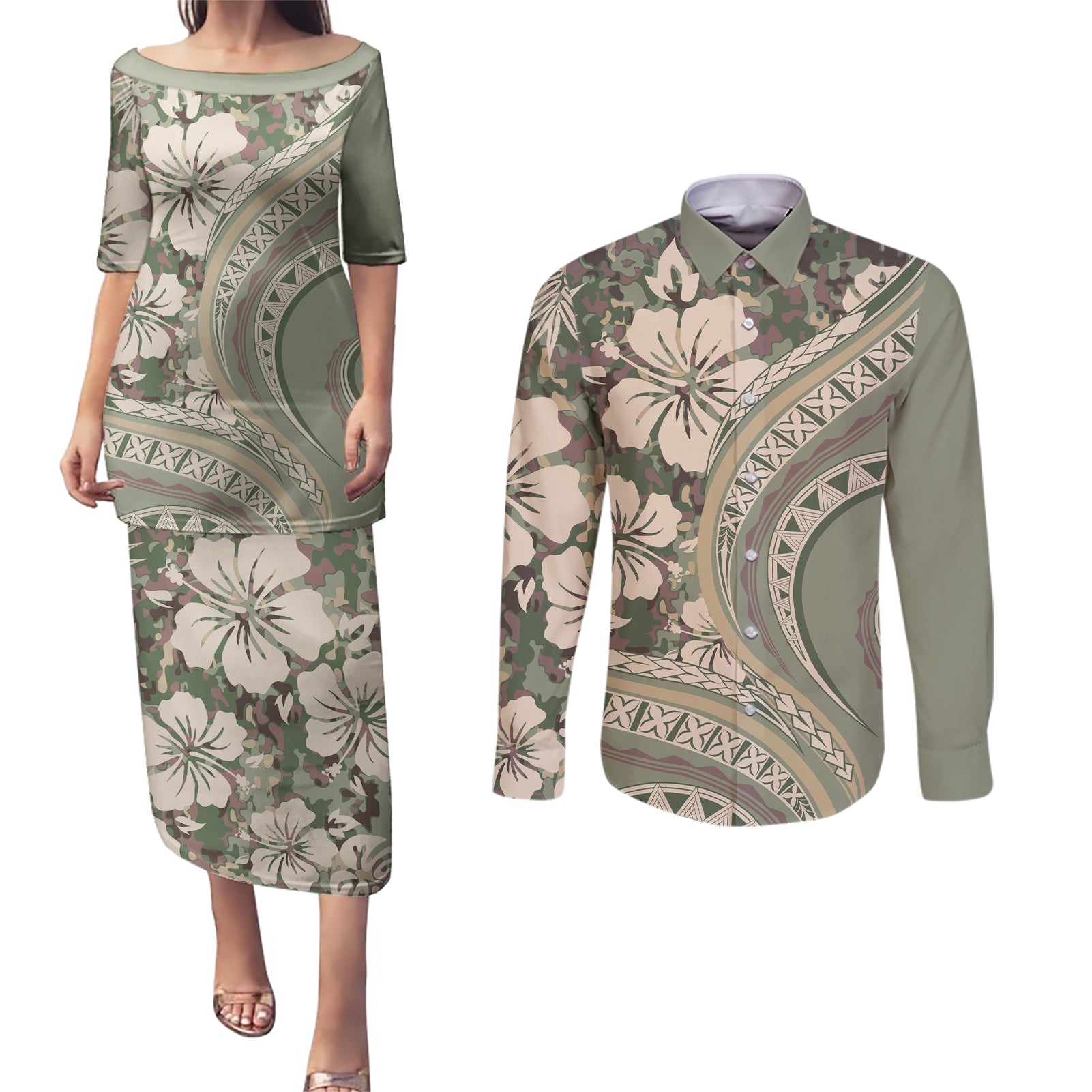 Hawaiian Hibiscus Tribal Vintage Motif Couples Matching Puletasi and Long Sleeve Button Shirt Ver 6