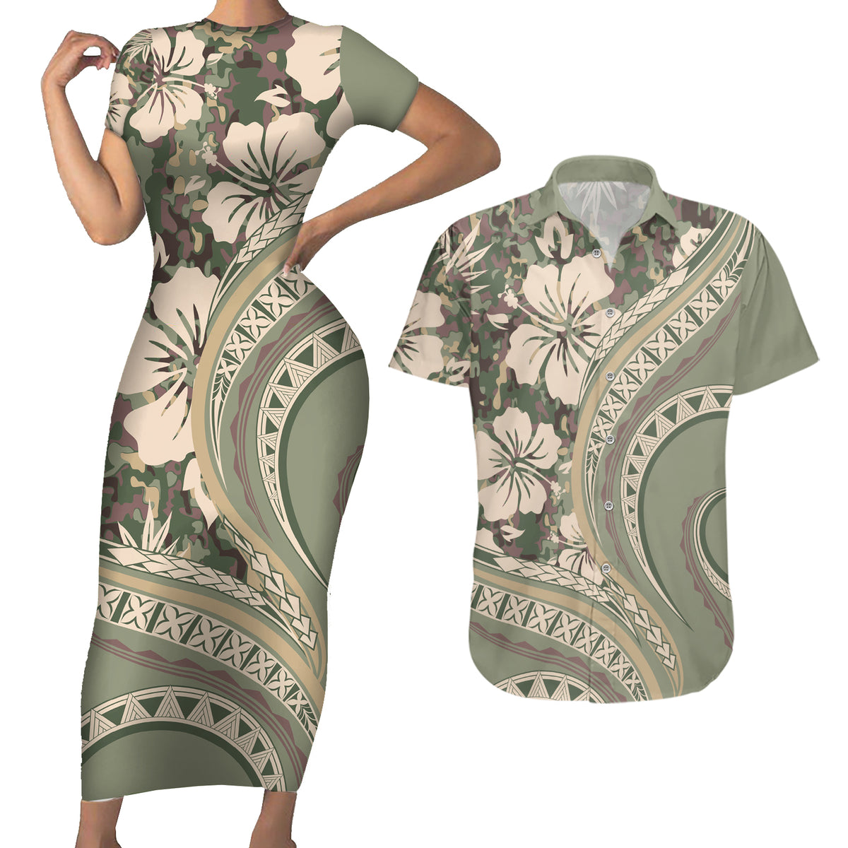 Hawaiian Hibiscus Tribal Vintage Motif Couples Matching Short Sleeve Bodycon Dress and Hawaiian Shirt Ver 6 LT9 Green Pastel - Polynesian Pride