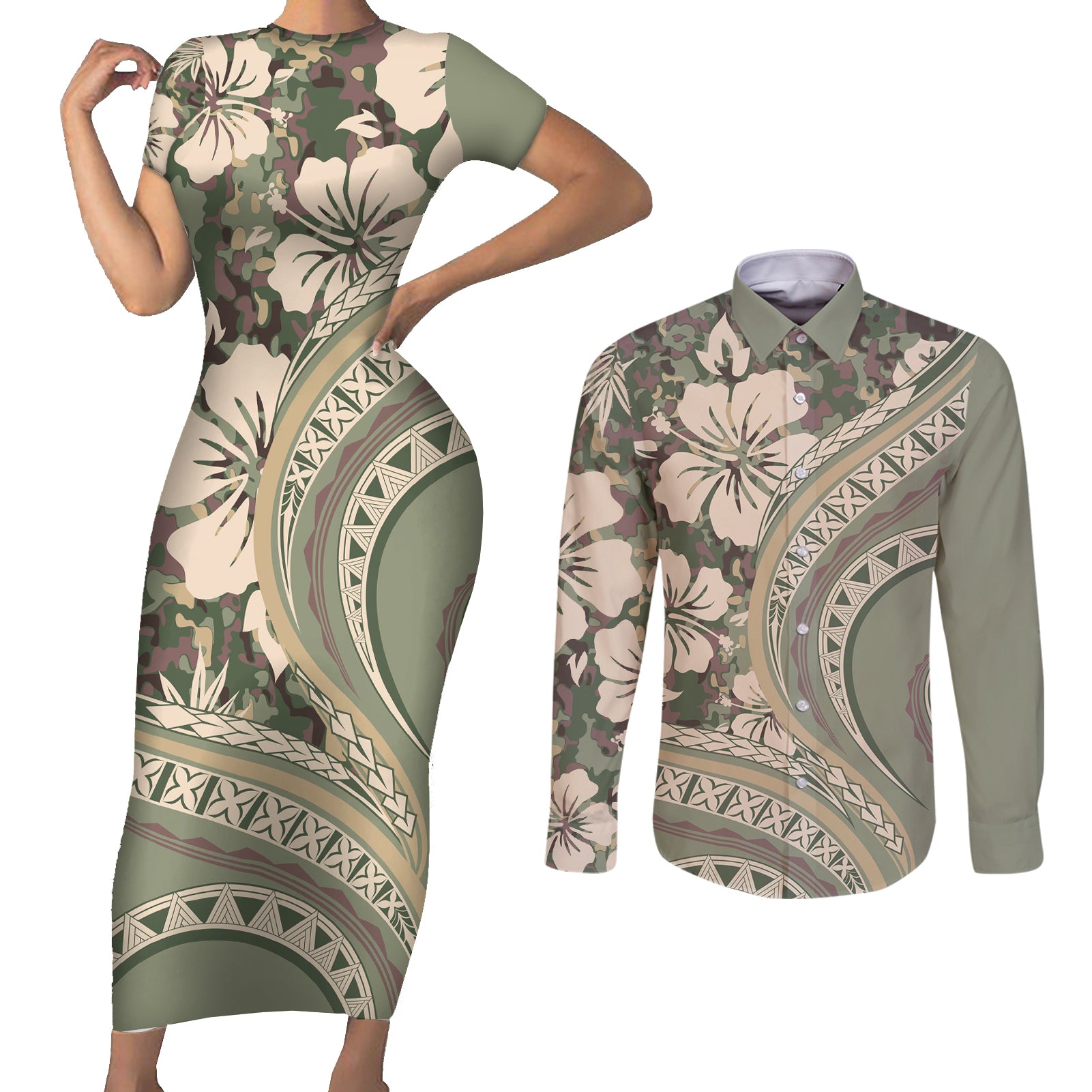 Hawaiian Hibiscus Tribal Vintage Motif Couples Matching Short Sleeve Bodycon Dress and Long Sleeve Button Shirt Ver 6