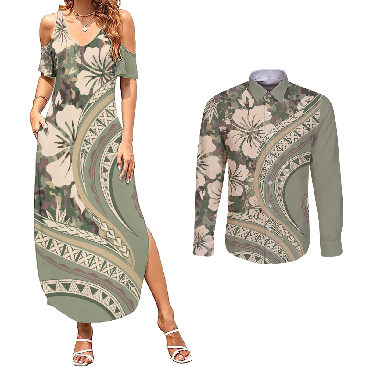 Hawaiian Hibiscus Tribal Vintage Motif Couples Matching Summer Maxi Dress and Long Sleeve Button Shirt Ver 6