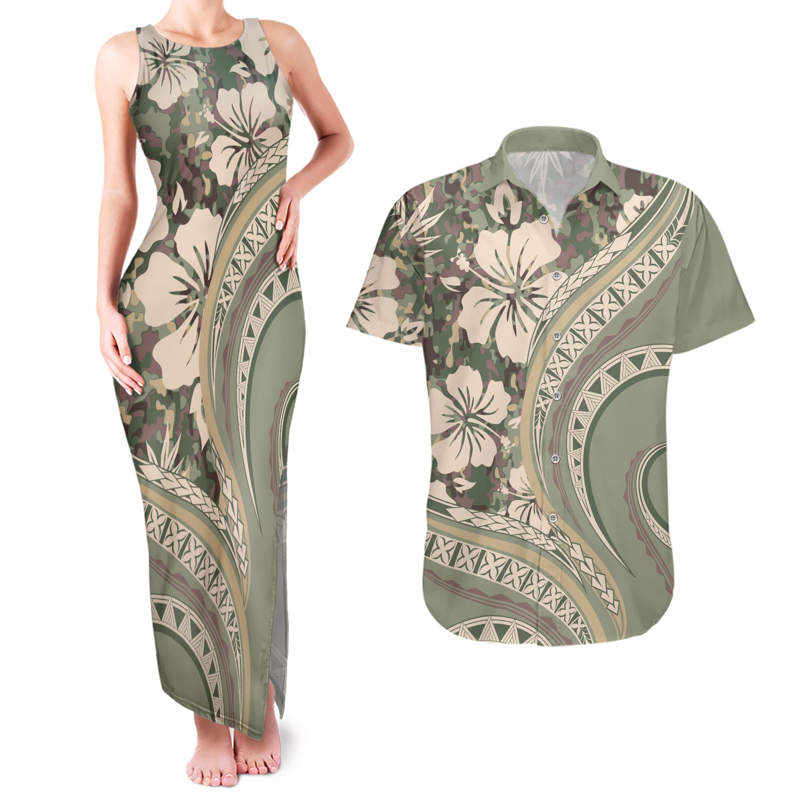 Hawaiian Hibiscus Tribal Vintage Motif Couples Matching Tank Maxi Dress and Hawaiian Shirt Ver 6