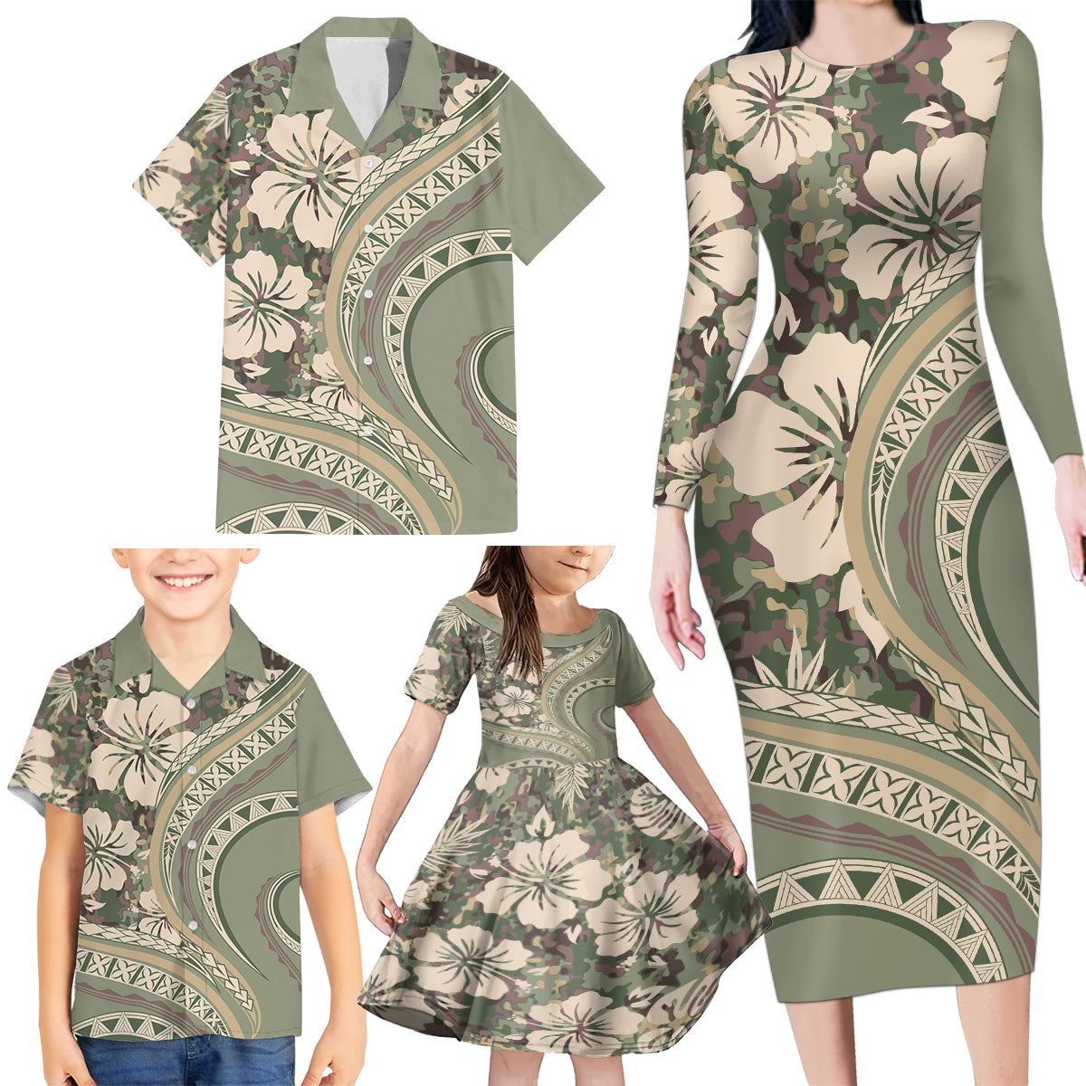 Hawaiian Hibiscus Tribal Vintage Motif Family Matching Long Sleeve Bodycon Dress and Hawaiian Shirt Ver 6 LT9 - Polynesian Pride