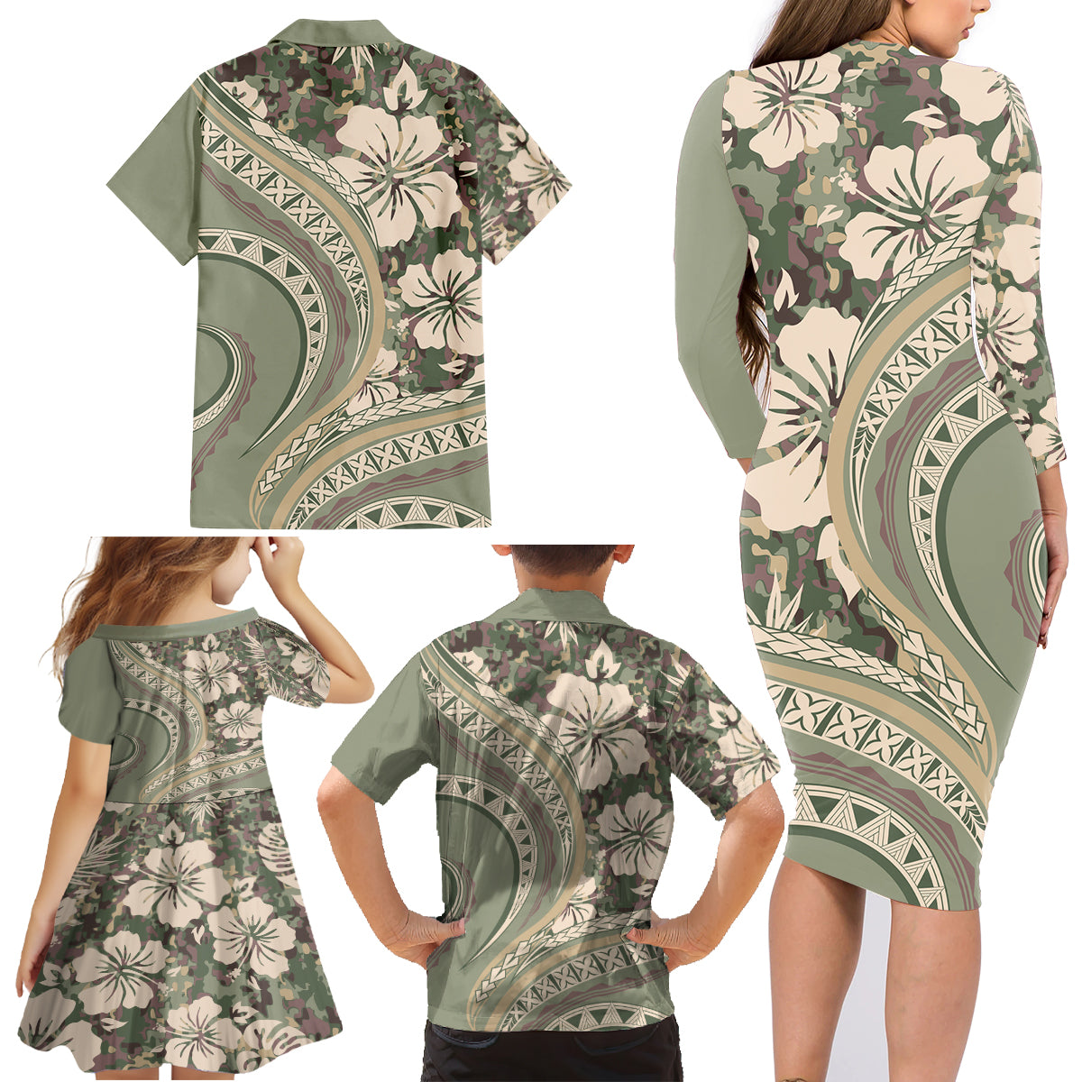 Hawaiian Hibiscus Tribal Vintage Motif Family Matching Long Sleeve Bodycon Dress and Hawaiian Shirt Ver 6 LT9 - Polynesian Pride