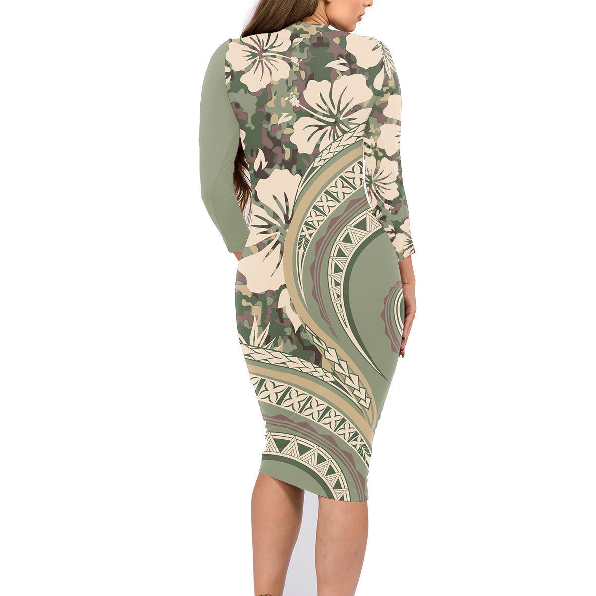 Hawaiian Hibiscus Tribal Vintage Motif Family Matching Long Sleeve Bodycon Dress and Hawaiian Shirt Ver 6 LT9 - Polynesian Pride