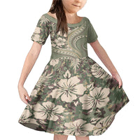 Hawaiian Hibiscus Tribal Vintage Motif Family Matching Mermaid Dress and Hawaiian Shirt Ver 6 LT9 Daughter's Dress Green Pastel - Polynesian Pride